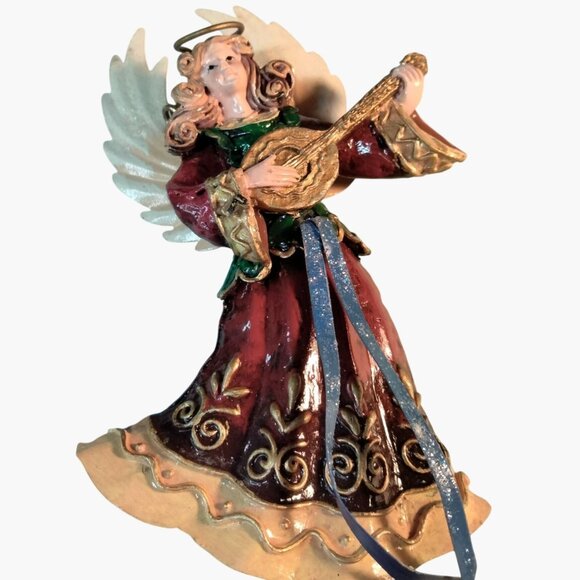 Hand Painted Angel Figurine Harp Glitter Wings - Picture 1 of 8